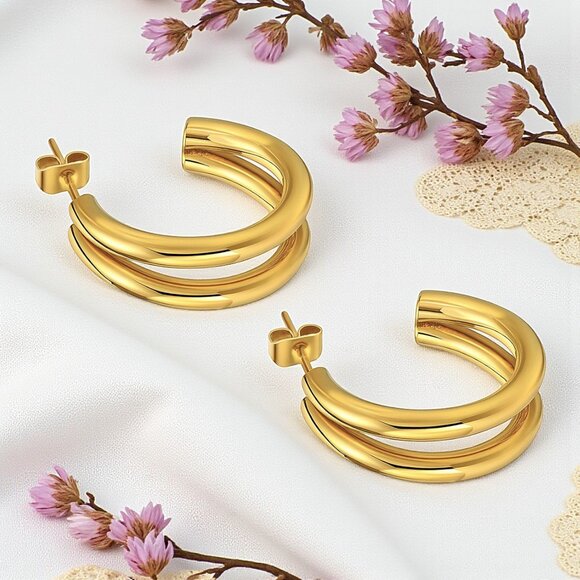 ๐Minimalist Double C Hoop Earrings 18K Gold Plated Stainless Steel Trending - Picture 10 of 13